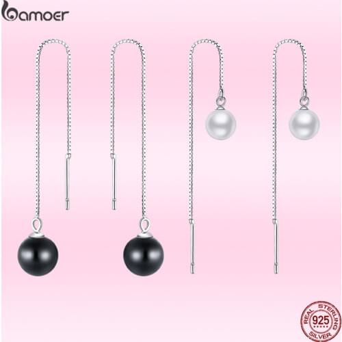 Bamoer 2021 New 925 Sterling Silver Elegant Long Tassel Ear Drop for Women Noble Wedding Elegant Shell Beads Jewelry Gift GXE878