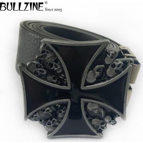 Bullzine western cross skull cowboy jeans belt buckle pewter finish free PU belt with connecting clasp FP-01235-1 drop shipping