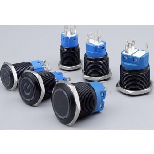 Black Power Push Button Switch 12v with Fixation Momentary Metal LED Lamp Switch Start Stop 220V Backlit PC 16mm 19mm 22mm DIY