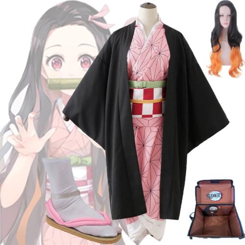Anime Demon Slayer Kimono Kimetsu No Yaiba Kamado Nezuko Full Cosplay Adults Kids Costume Set Wig Shoes Backpack Unisex