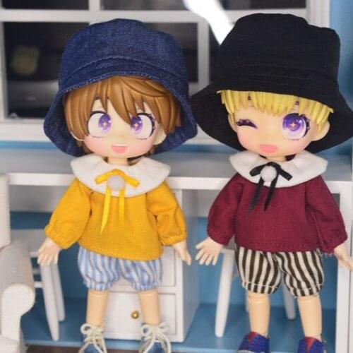 OB11 dolls suit is suitable for 1/12 fashion wine-red doll collar top + striped shorts + mirrored hat for kindergarten outing