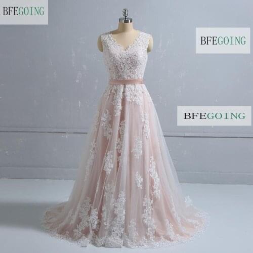 Ivory Lace Tulle Blush Pink lining V-Neck Sleeveless Floor-Length A-Line Wedding dress Court Train Custom made