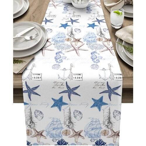Marine Texture Seashells Starfish Seahorse Table Runner Christmas Dinner Table Decoration Tablecloth Wedding Decor Table Cover