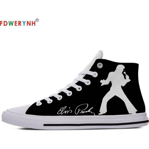 Mens Casual Shoes White Elvis Presley Street Customized Printed Men High-top Canvas Shoes Breathable Casual Lace-up Shoes