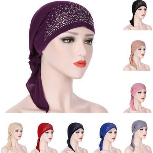 2020 New Women Muslim Fashion Hijab Cancer Chemo Solid Color Rhinestone Turban Head Cover Hair Loss Scarf Wrap Pre-tied Bandanas