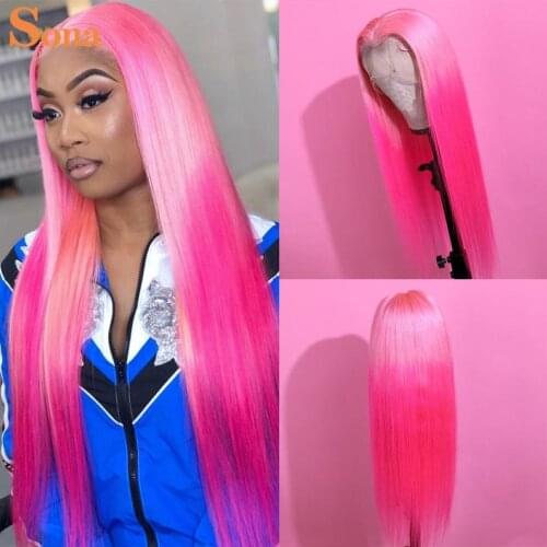 Ombre Pink Lace Front Wig Brazilian Remy Colored 2 Tones Green Yellow Red Purple Human Hair Wigs For Women