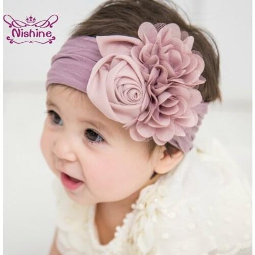 Nishine 10pcs/lot Satin Rose Flower Baby Headband Newborn Knot Wide Nylon Headwraps Turban Girls Headwear Kids Photo Props