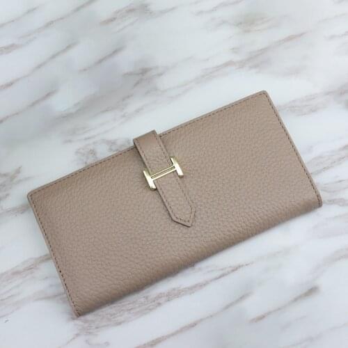 Genuine Leather Luxury Hasp Womens Wallet Long Brand Solid Colors Coin Purses Female Fashion Lychee Pattern New Thin Phone Bag