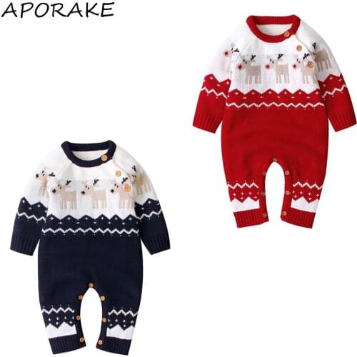 2020 0-18M Xmas Infant Baby Girl Jumpsuit Knited One Piece Cute Deer Print Short Sleeve Red/Blue Winter Fall Sweater Outfit