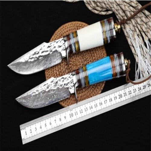 Damascus - Samurai Forge Hand Knife (Pointed Version) Camel Bone+Colored Stone+Steel Head Hunt And Camp Pocket EDC Tool
