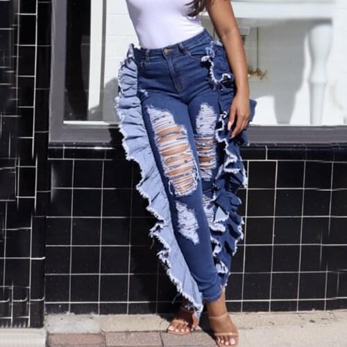 Ripped Ladies Jeans Sexy Ruffled Casual Womens Trousers 2021 Spring Autumn Fashion Mid-Waist Tight-Fitting Elastic Pencil Pants