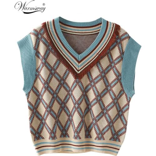 Wool Argyle Knitted Plaid Womens Vest Preppy Style V-Neck Tassel Sleeveless Sweater Female Fashion Ladies Vests C-079