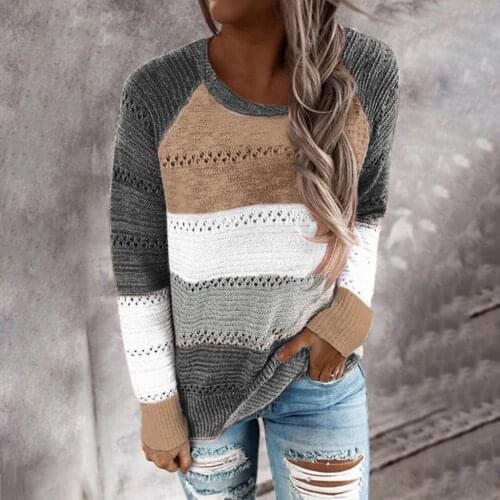 Women Patchwork Sweater Striped Multicolor O-neck Casual Long Sleeve Knitted Casual Soft Clothing Lady Pullovers sweter damski
