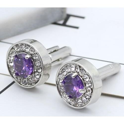 Delicate Tiny Round Cufflink For Men Boys Purple Crystal Luxury High Quality French Shirts Cuff Links Button Male Jewelry Gifts