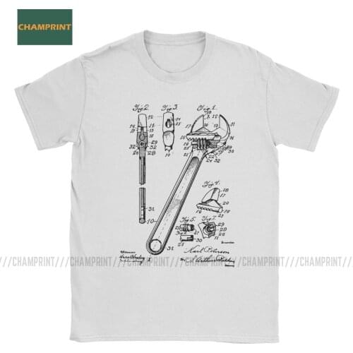 Vintage Wrench Vintage Patent Drawing T-Shirt Men Crew Neck Cotton T Shirts Opener Mechanic Fix Engineer Tool Short Sleeve Tee