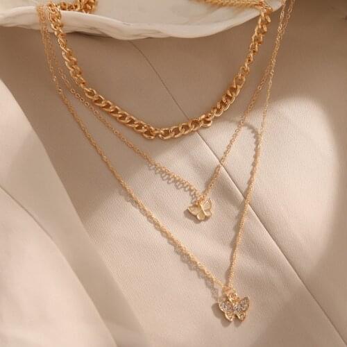 VKME Butterfly Pendant Necklace For Women Girl Layered Necklace Cuban Link Chains 2021 Cute Animal Butterfly Necklaces