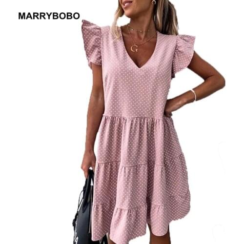 Women Summer Beach Mini Dress Vintage Polka Dot Ruffle Party Dresses 2021 Sexy Casual V Neck Short Sleeve Loose Dress
