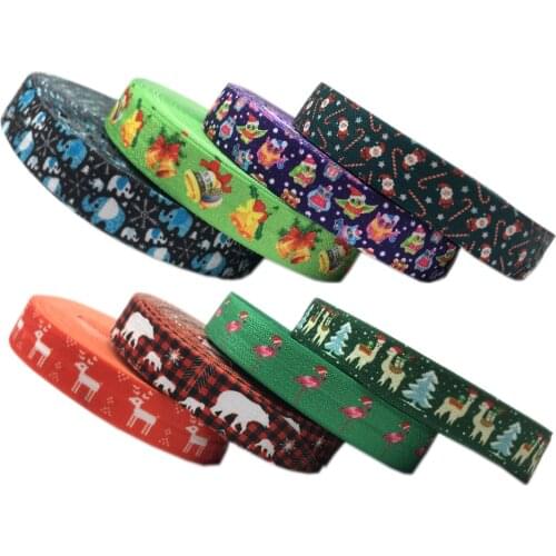 10Y 15mm Happy Christmas Tree Print Fold Over Elastic Stretchy Band DIY Girls Hair Ties Strap Headband Accessories Wholesale