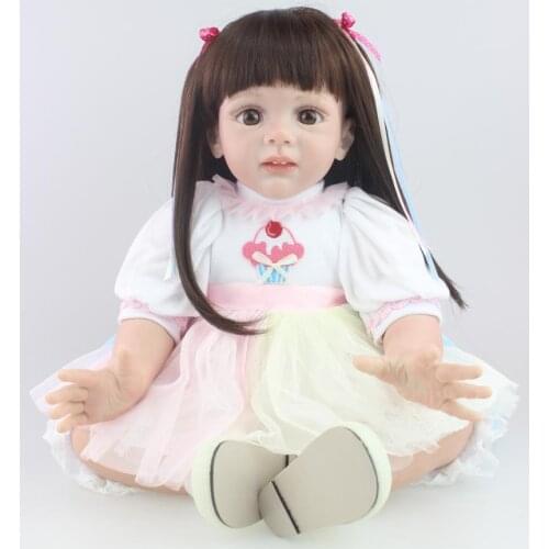 60cm Lifelike Little Cute Baby Reborn Dolls Long Hair Girl Cloth Body Silicone Limbs Toddler Simulation Toys