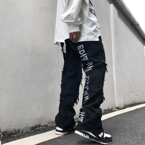 Mens Streetwear Raw Hem Ripped Jeans Mens Harem Pants Fashion Hip Hop Loose Male Wide Leg Pants Embroidered Trousers Black