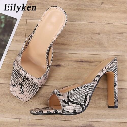 Eilyken New Design Snake Grain Womens Slippers Fashion Buckle Square Toe High Heels 2021 Summer Ladies Sexy Party Pumps Shoes
