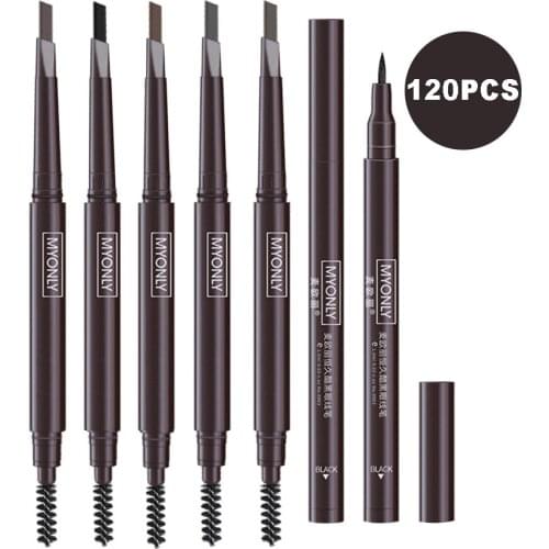 MYONLY 120Pcs/lot Black Eyeliner Eyebrow Pencil Waterproof Liquid Eye Liner Brow Pen Makeup Set Eyes Cosmetics Kit Long-lasting