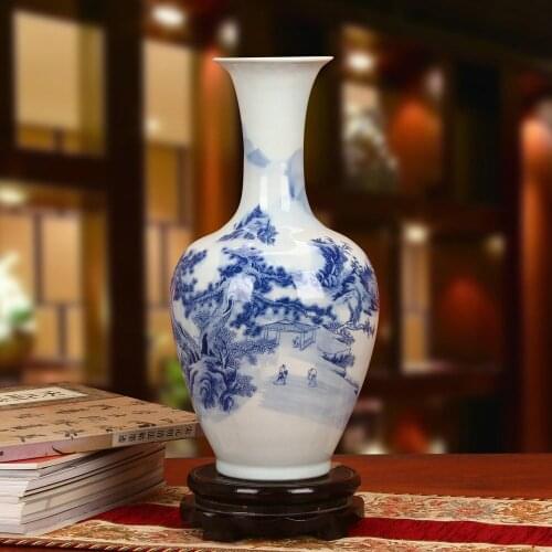 Jingdezhen ceramic blue and white landscape beauty tip vase decoration flower decoration design Home Furnishing living room
