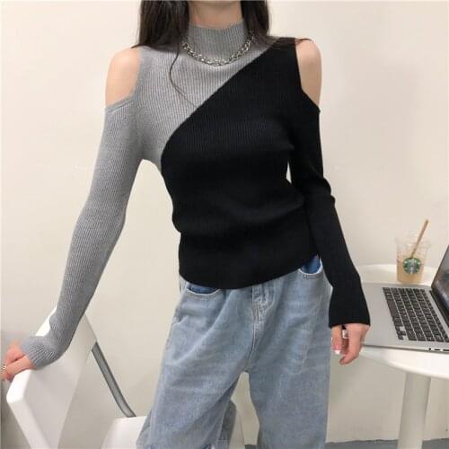 Korean Fashion Jumper Women 2021 Chic Patchwork Half High Collar Hollow Out Off Shoulder Long Sleeve Knit Pullover Sweater T596