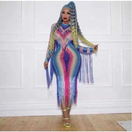 Celebrity Fashion Tassels Bodycon Mid Dress Colorful Sexy Nightclub Party Bar Singer Stage Wear Rhinestones Performance Costume