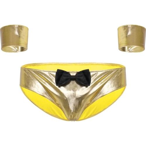 Sissy Men Shiny Metallic Sexy Panties Clubwear Lingerie Low Rise Elastic Waistband Bulge Pouch Front Briefs Underwear with Cuffs