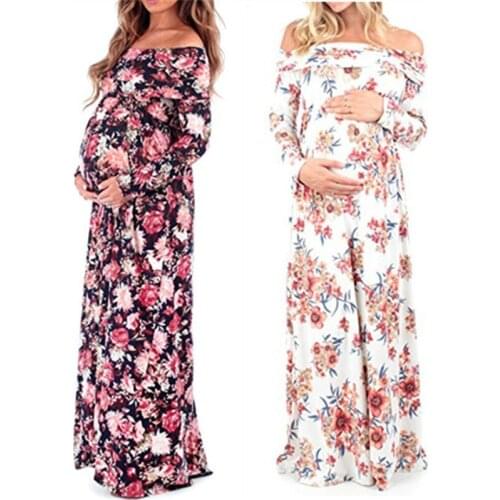 Maternity Clothing Sexy Cotton Sholderless Print Dresses Pregnancy Long Sleeve Chiffon Dress Pregnant Women Clothes