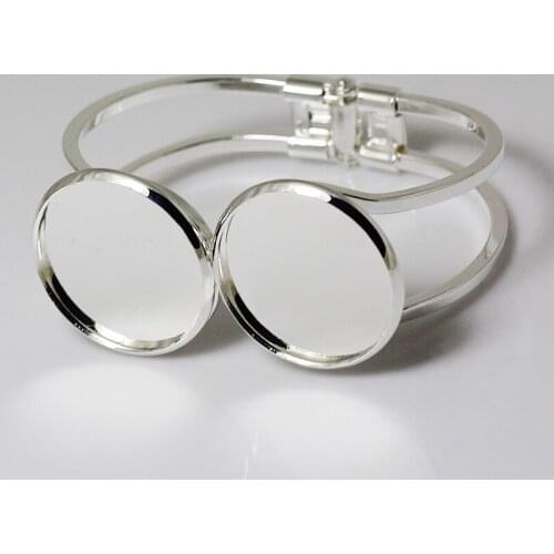 Blank Cuff Bangle Findings with 25mm Double Round Smooth Bezel Cabochons Bases Spring Bangle Settings DIY Making Silver Plated