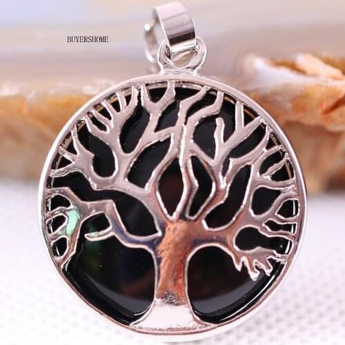 Silver Color Tree of life Round Necklace Pendant 25MM Natural Stone Black Onyx 1Pcs K415