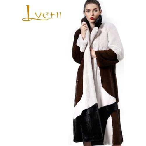 LVCHI Winter 2019 Import Mink Fur Coat Womens Long Sleeve Coat Patchwork Color Real Natural Fur X-Long Tassel Causal Mink Coats