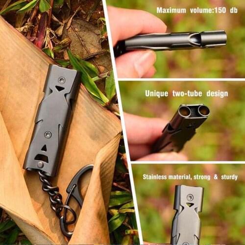 Outdoor EDC Survival Whistle High Decibel Double Pipe Whistle Stainless Steel Alloy Keychain Cheerleading Emergency Multi Tool