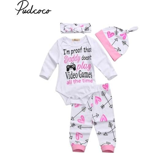 Pudcoco 2020 Spring Autumn Toddler Baby Girl Clothes Sets Letter Print Long Sleeve Bodysuits + Long Pants 4Pcs Outfits Clothing