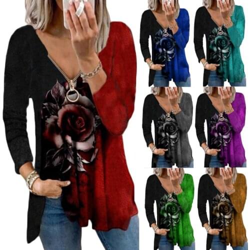 2021 Autumn Women V Neck Zipper Floral Print Long Sleeve T-shirt Clothes Casual Loose Fashion Vintage Plus Size Shirt Top Blouse