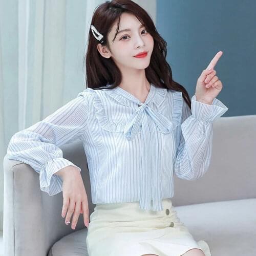 2021 New Spring Autumn Blouse Women Bow Chiffon Blouse Female Long Sleeved Shirts Office Lady Fashion Striped Loose Tops Q450