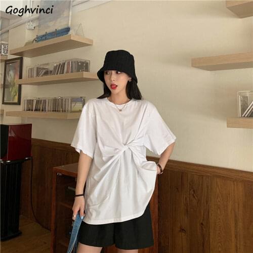 Women Short Sleeve T-shirts Cotton Criss-cross Irregular Solid Simple O-neck Office Lady Streetwear Loose Big Size 2XL Casual