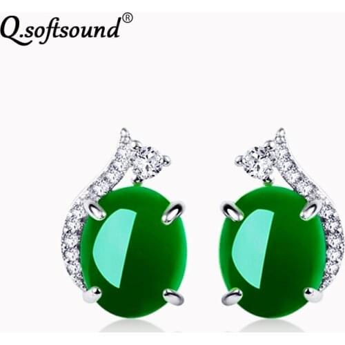 Oval Natural Chrysoprase Silver Stud Earrings for Women Cubic Zirconia Vintage Earings Fashion Jewelry Pendientes Mujer QS2415