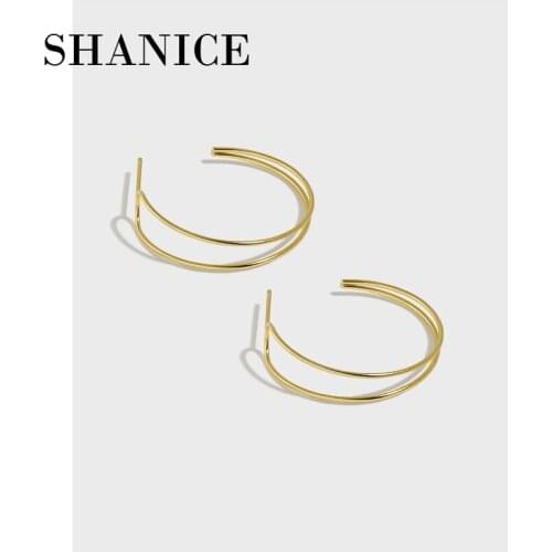 SHANICE S925 Sterling Silver Simple all-matched double-layer line C shape Stud Earring For Women Girls Classic Jewelry