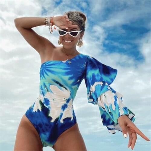 Printed Tie-Dye 2021 One-Shoulder Long-Sleeved Flashing One-Piece Swimsuit Women High Waist Sexy Swimsuit
