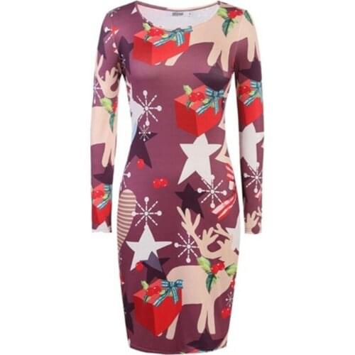 2020 Womens Christmas Printed Dress Long Sleeve Round Neck Slinky Dress Daily Casual Wear Ladies Xmas Dresses Party Clothing