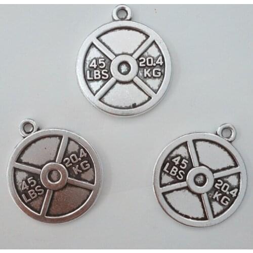 50pcs/lot 28*24mm Antique Silver Tone 45lb Weight Plate Charm Double Sided Fitness Gym Sports Charms For Fitness Jewelry Making