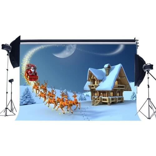 Photography Backdrop Merry Christmas Tree Reindeer Santa Ride Rustic House Snow Covered Landscape Moon Background