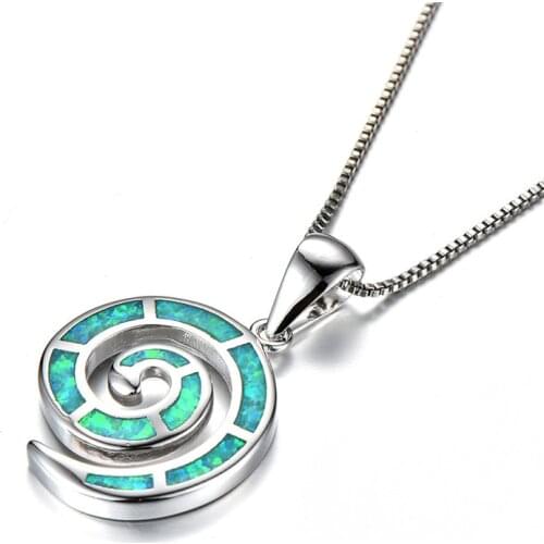 Geometric Spiral Green Fire Opal Pendant Necklace Vintage Fashion Silver Color Chain Necklaces For Women Luxury Wedding Jewelry