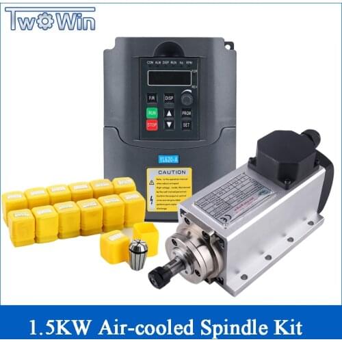 New 1.5KW Square Air Cooled Spindle Motor Kit CNC Spindle Motor 1.5KW 110v/220v YL/HY Inverter 1set ER11 Milling Machine Spindle