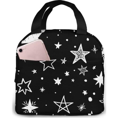 Black With White Stars Cooler Lunch Box Portable Insulated Lunch Bag Thermal Food Picnic Lunch Bags