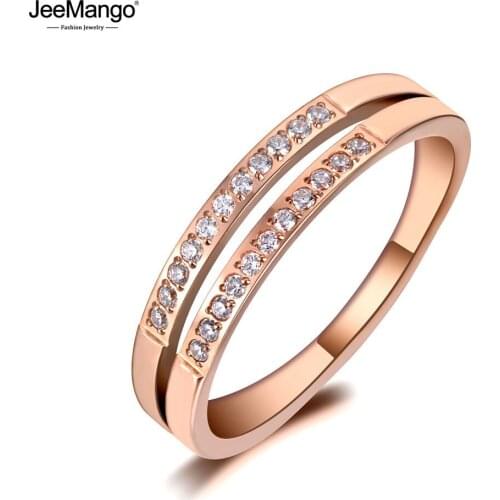 JeeMango Trendy Stainless Steel Wedding Rings For Women Rose Gold Double Row AAA+ CZ Crystal Female Engagement Jewelry JR19117