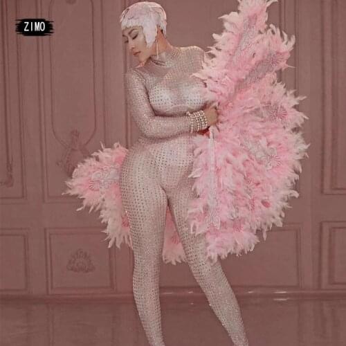 Pink Full Rhinestones Jumpsuit women Sexy Dance Bodysuit club Outfit party Birthday Celebrate Stretch performance Stage Costume